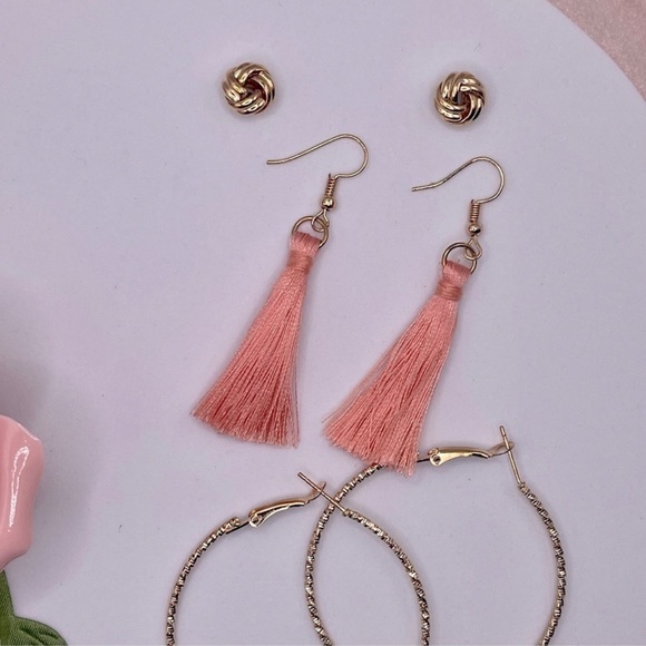 ❤️Gold Knot Studs, Pink Tassels, and Gold Hoop Earrings Set - Picture 5 of 7